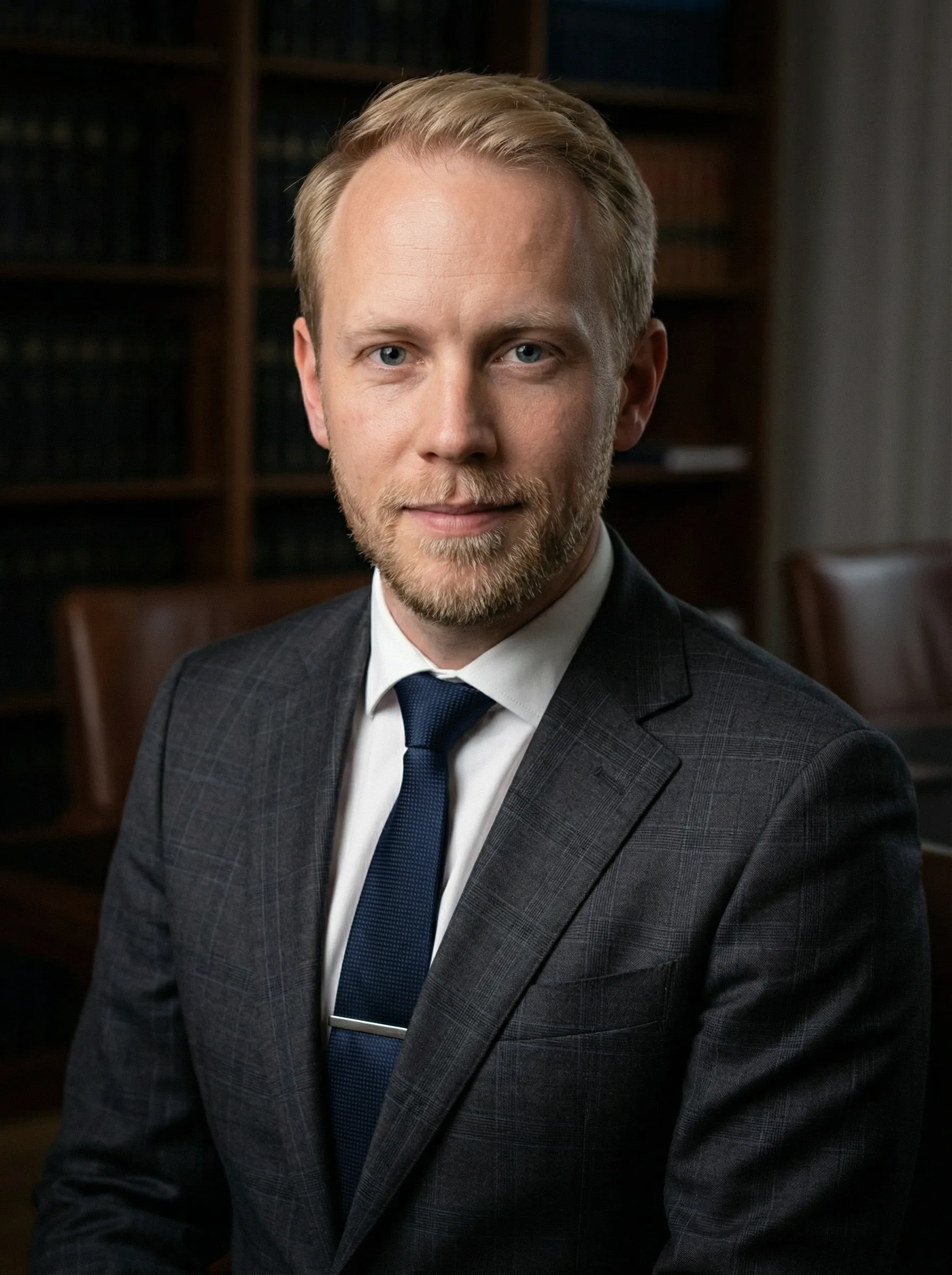 AI lawyer headshot — man in a dark check suit and navy tie in a luxury law office